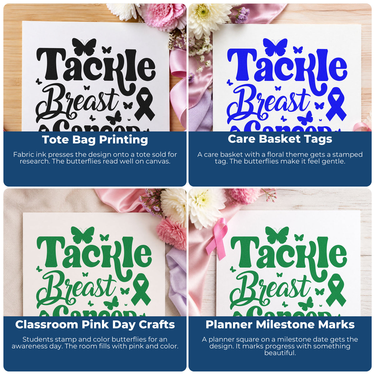 Four ways to use the Tackle Breast Cancer Butterflies PSI Pre-Inked Stamp: tote bag printing, care basket tags, classroom pink day crafts and planner milestone marks.
