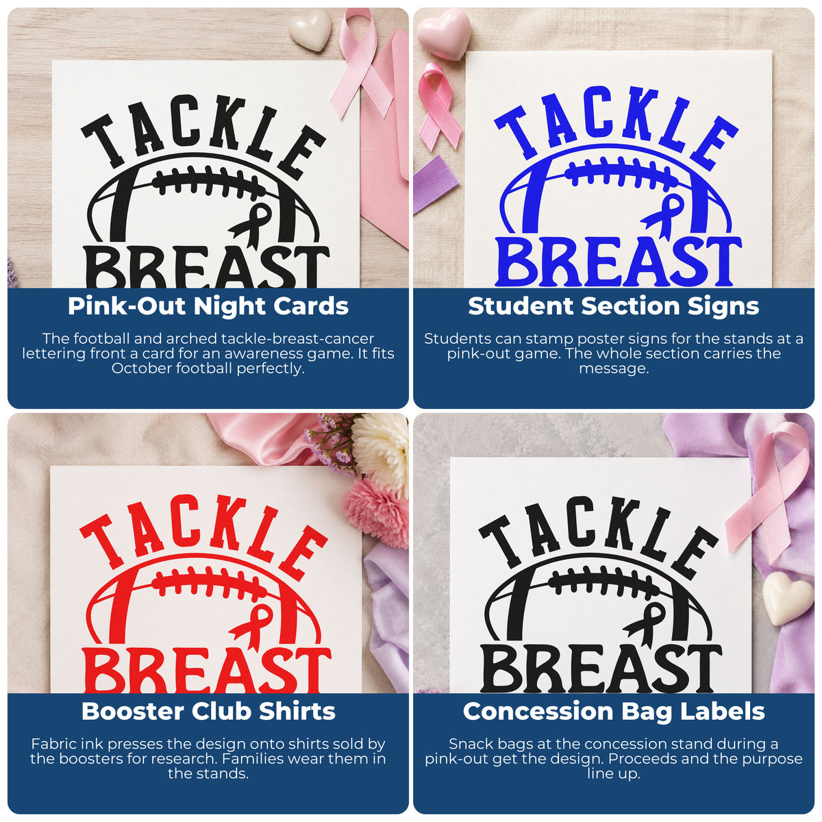 Four ways to use the Tackle Breast Cancer Football Awareness Ribbon Rubber Stamp – Wood Handle: pink-out night cards, student section signs, booster club shirts and concession bag labels.