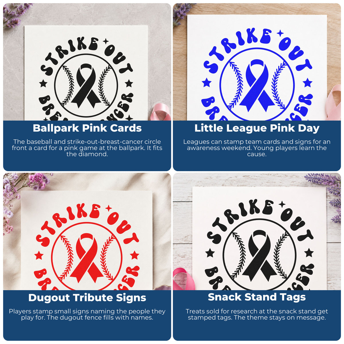 Four ways to use the Slim Pre-Inked Strike Out Breast Cancer Stamp: ballpark pink cards, little league pink day, dugout tribute signs and snack stand tags.