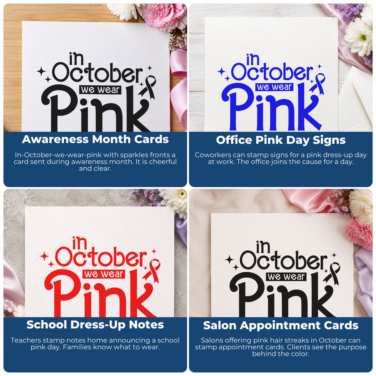Four ways to use the In October We Wear Pink Premium Wooden Stamp - Vintage Pro: awareness month cards, office pink day signs, school dress-up notes and salon appointment cards.
