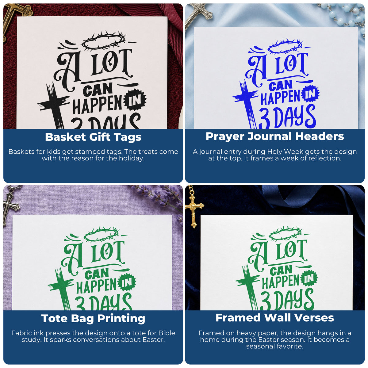 Four ways to use the A Lot Can Happen In Three Days Crown Of Thorns Stamp - Premium Vintage Pro Wooden: basket gift tags, prayer journal headers, tote bag printing and framed wall verses.