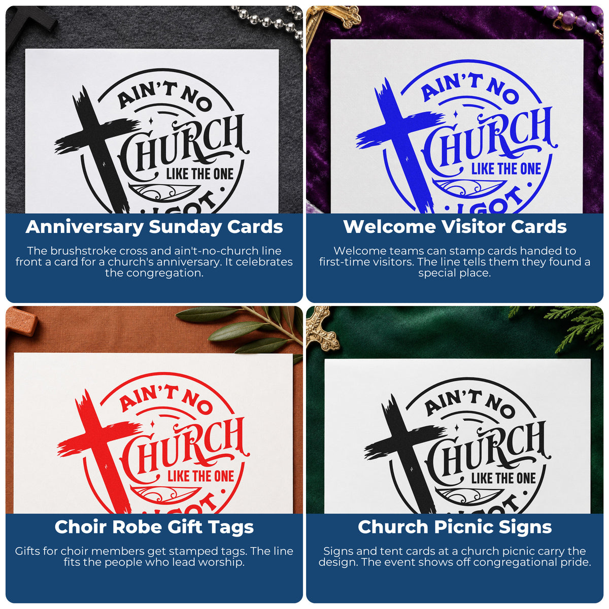 Four ways to use the Ain't No Church Like Mine Stamp – PSI Pre-Inked: anniversary sunday cards, welcome visitor cards, choir robe gift tags and church picnic signs.