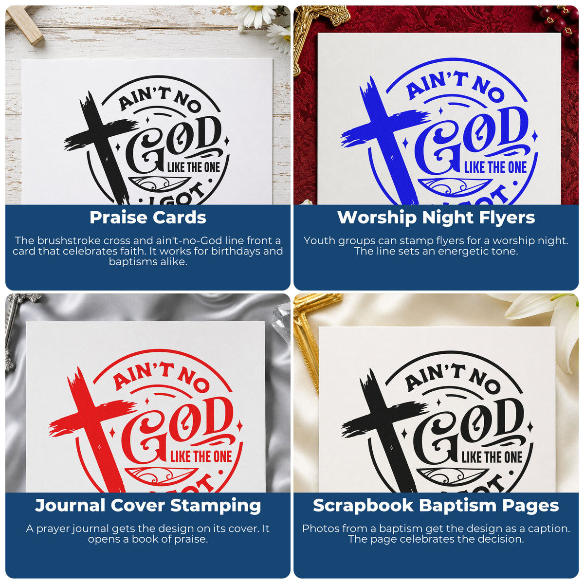 Four ways to use the Ain't No God Like Mine Brushstroke Cross Rubber Stamp – Wood Handle: praise cards, worship night flyers, journal cover stamping and scrapbook baptism pages.