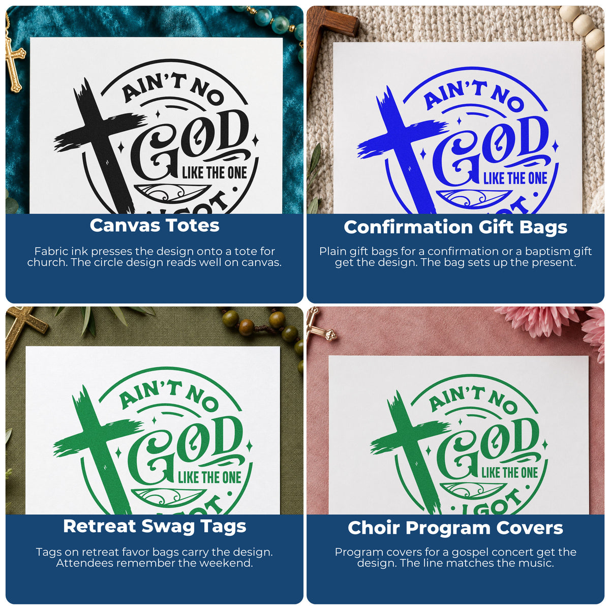 Four ways to use the Ain't No God Like Mine Brushstroke Cross Rubber Stamp – Wood Handle: canvas totes, confirmation gift bags, retreat swag tags and choir program covers.