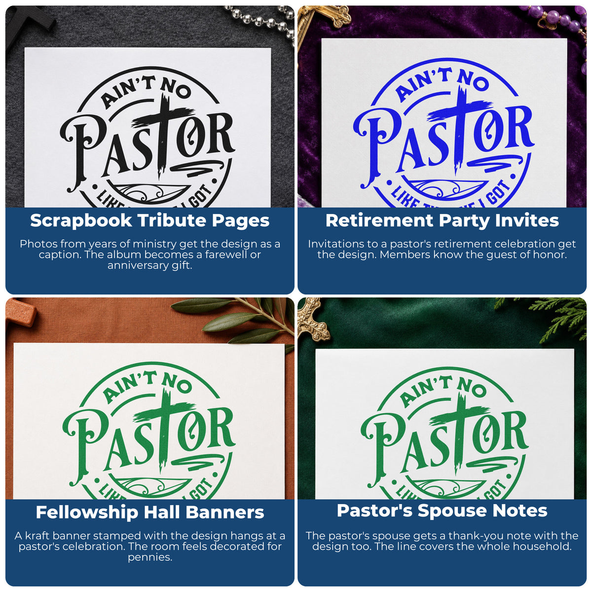 Four ways to use the Ain't No Pastor Like Mine With Cross Stamp - Premium Vintage Pro Wooden: scrapbook tribute pages, retirement party invites, fellowship hall banners and pastor's spouse notes.