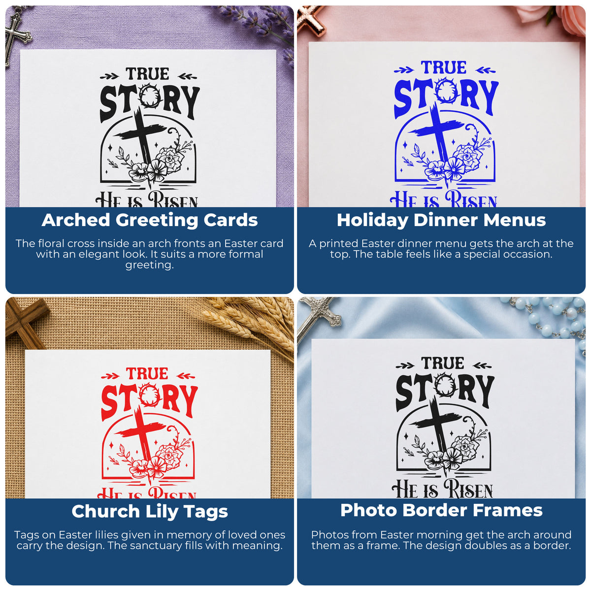 Four ways to use the True Story Risen Arch With Cross Premium Wooden Stamp - Vintage Pro: arched greeting cards, holiday dinner menus, church lily tags and photo border frames.