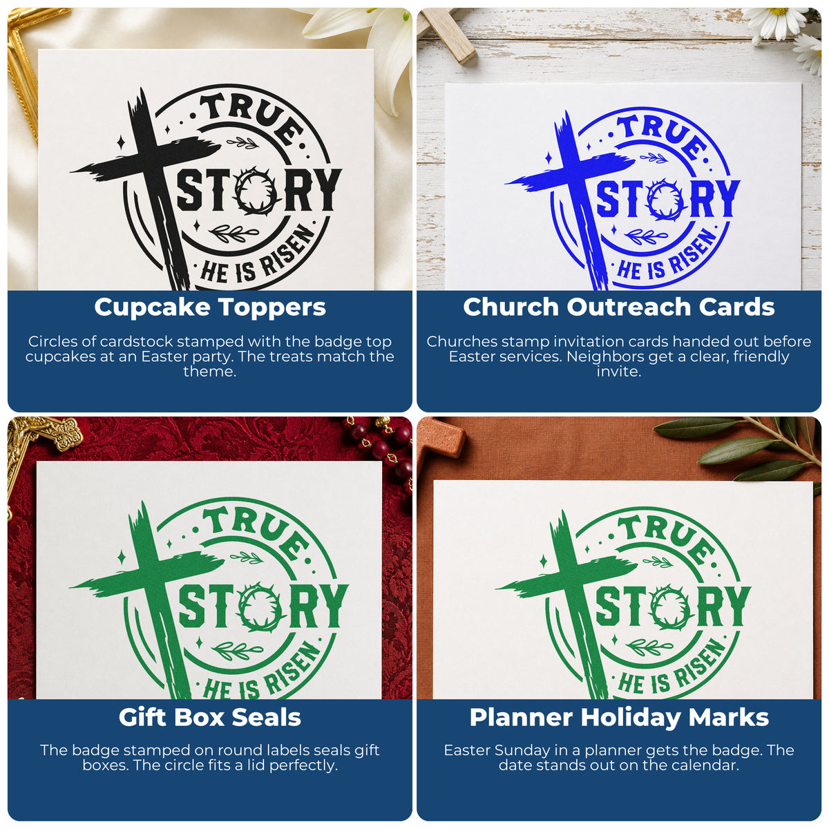 Four ways to use the True Story, He Is Risen Stamp – Self-Inking: cupcake toppers, church outreach cards, gift box seals and planner holiday marks.