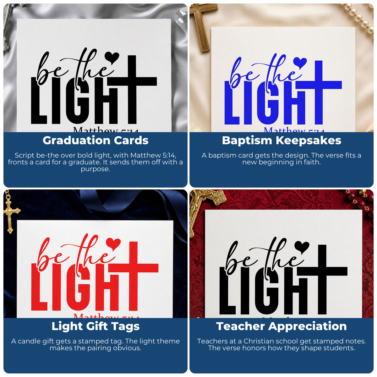 Four ways to use the Be The Light PSI Pre-Inked Stamp: graduation cards, baptism keepsakes, light gift tags and teacher appreciation.