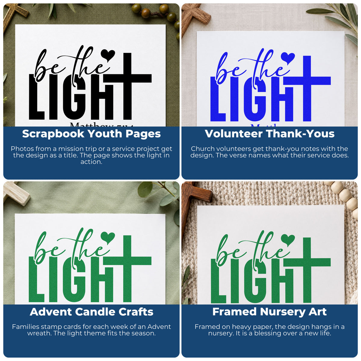 Four ways to use the Be The Light PSI Pre-Inked Stamp: scrapbook youth pages, volunteer thank-yous, advent candle crafts and framed nursery art.