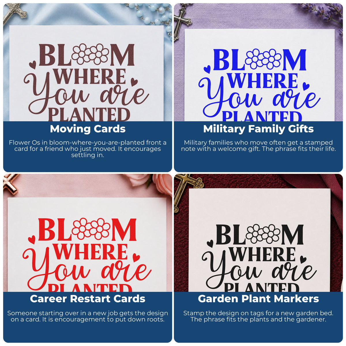 Four ways to use the Bloom Where You Are Planted Floral Accents Slim Pre-Inked Stamp: moving cards, military family gifts, career restart cards and garden plant markers.