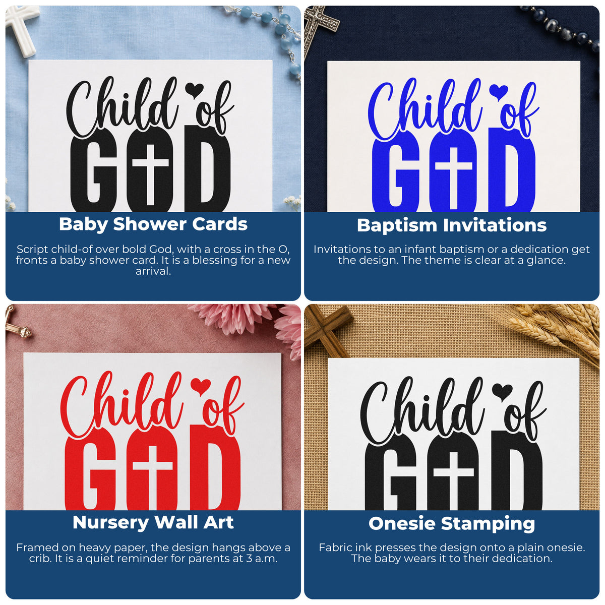 Four ways to use the Vintage Pro Child Of God Premium Wooden Stamp: baby shower cards, baptism invitations, nursery wall art and onesie stamping.