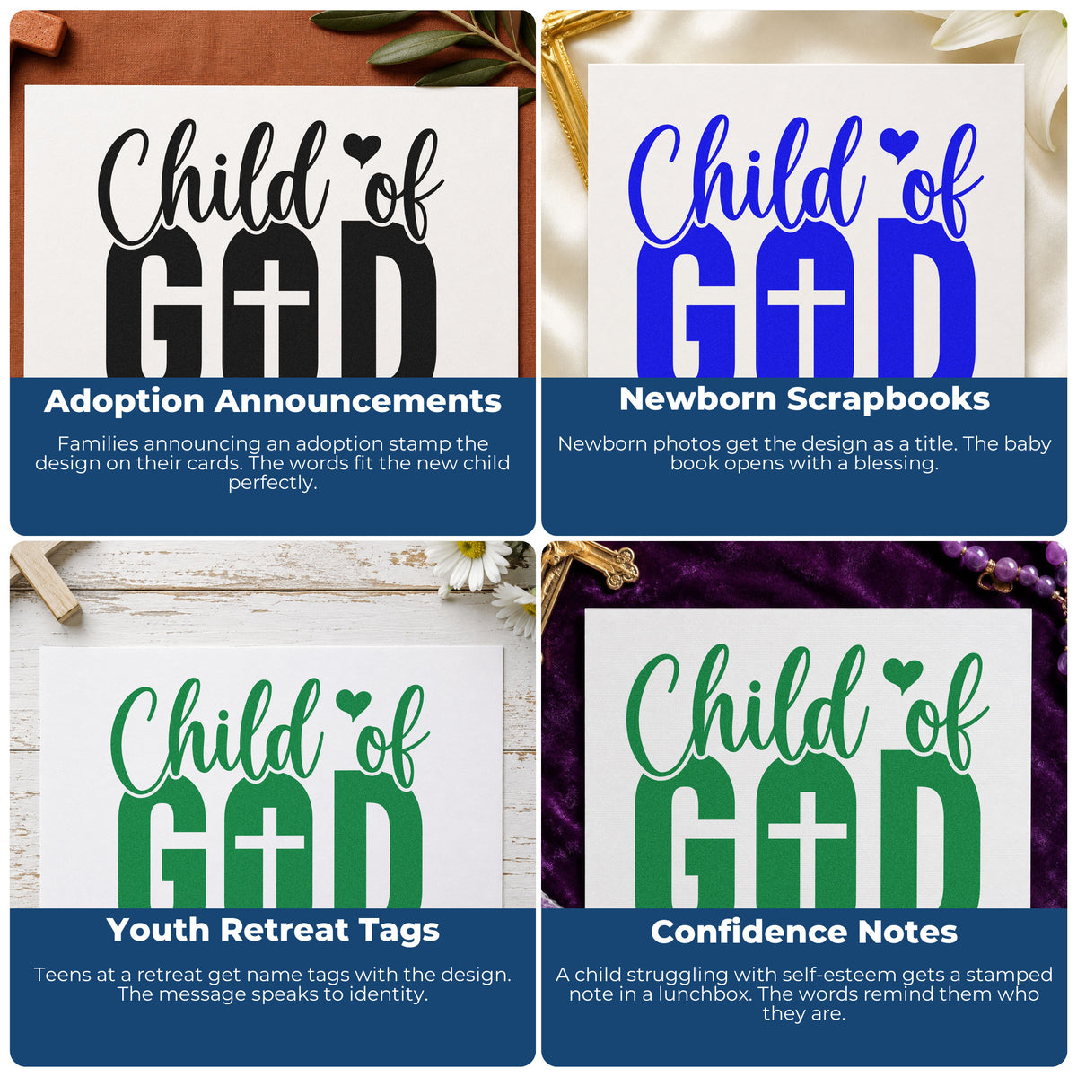 Four ways to use the Child Of God Rubber Stamp – Duo Hand: adoption announcements, newborn scrapbooks, youth retreat tags and confidence notes.