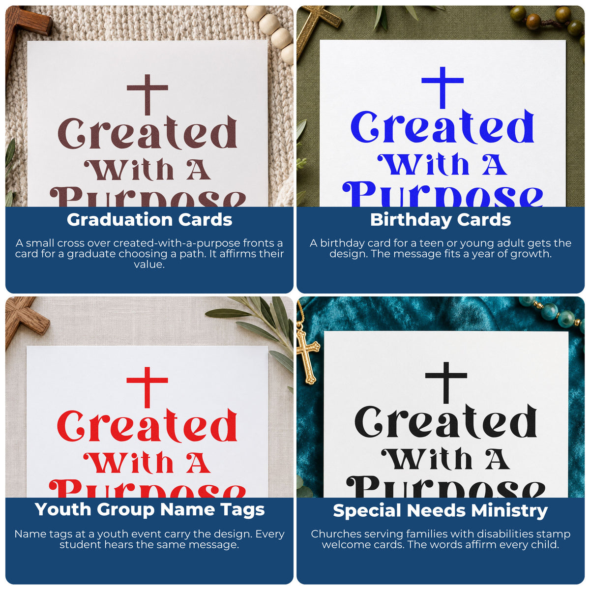 Four ways to use the Created With A Purpose With Cross Self-Inking Stamp: graduation cards, birthday cards, youth group name tags and special needs ministry.