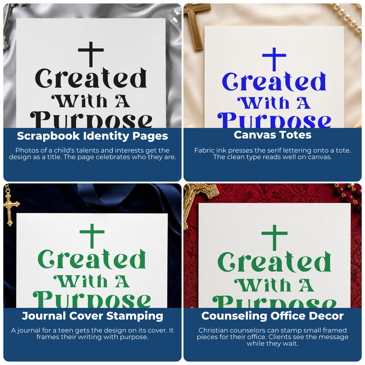 Four ways to use the Created With A Purpose With Cross Premium Wooden Stamp - Vintage Pro: scrapbook identity pages, canvas totes, journal cover stamping and counseling office decor.