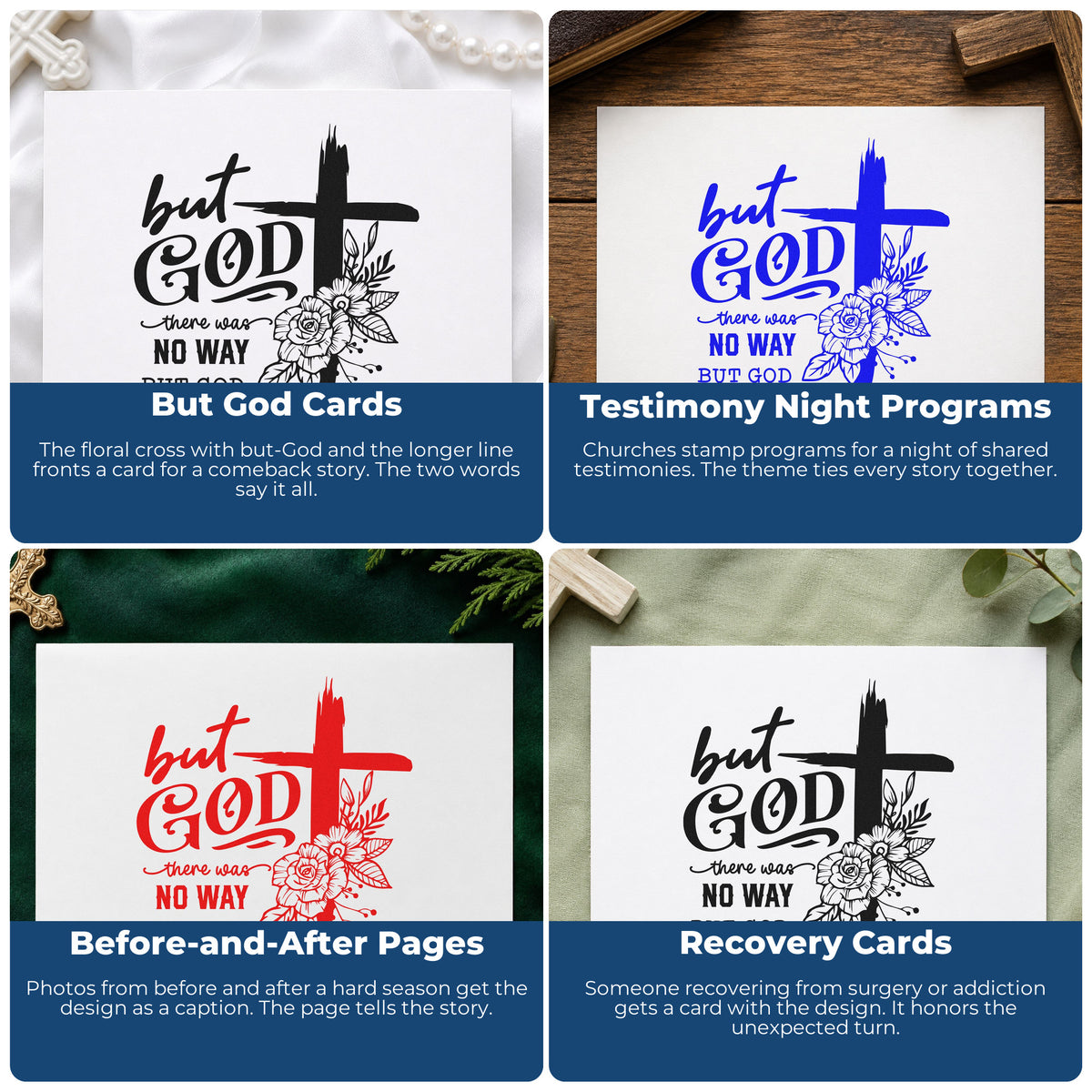 Four ways to use the But God Made A Way Floral Premium Wooden Stamp - Vintage Pro: but god cards, testimony night programs, before-and-after pages and recovery cards.