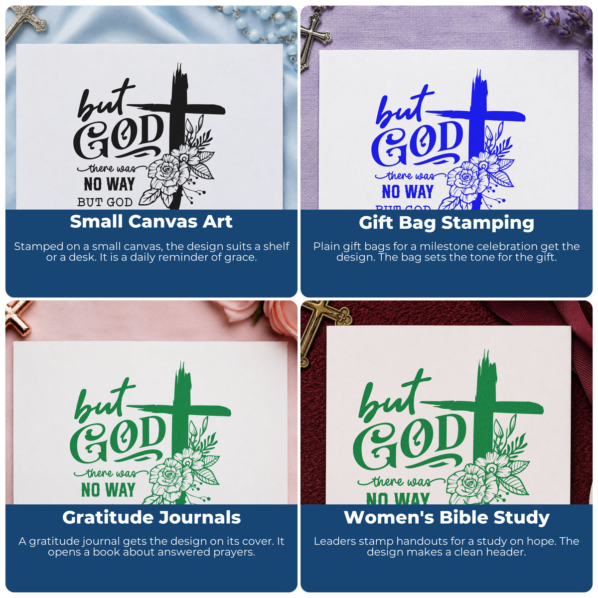 Four ways to use the But God Made A Way Floral Pre-Inked Stamp – PSI: small canvas art, gift bag stamping, gratitude journals and women's bible study.