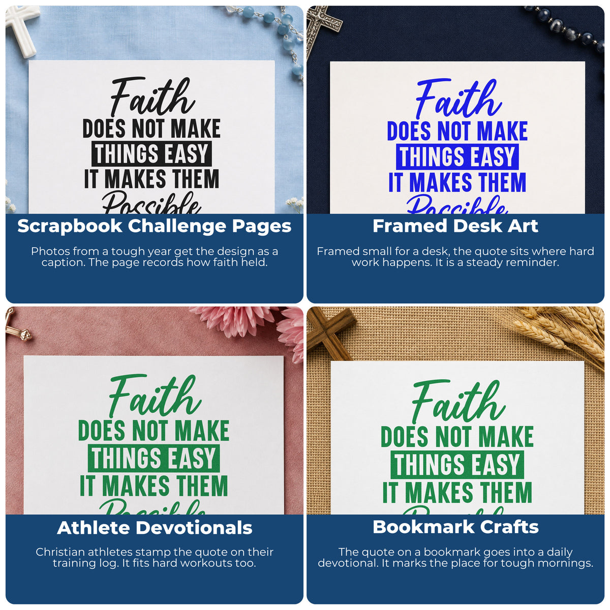 Four ways to use the Wood Handle Faith Makes Things Possible Rubber Stamp: scrapbook challenge pages, framed desk art, athlete devotionals and bookmark crafts.