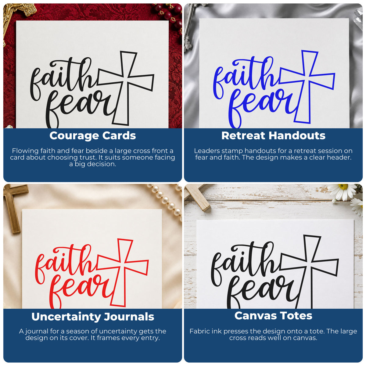 Four ways to use the Faith Over Fear Cross Self-Inking Stamp: courage cards, retreat handouts, uncertainty journals and canvas totes.