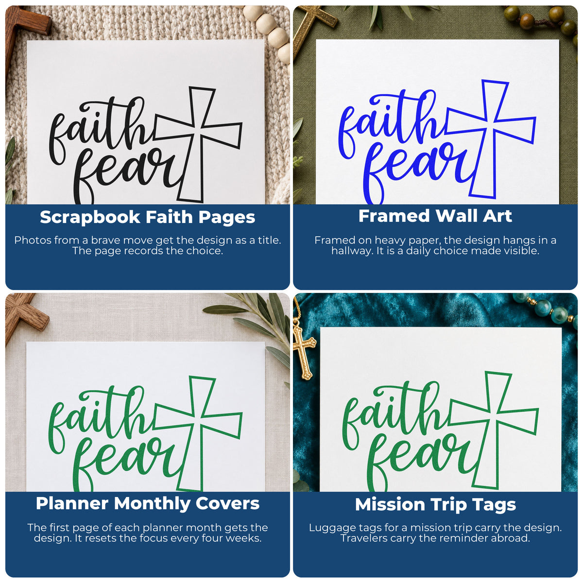 Four ways to use the Faith Over Fear Cross Premium Wood-Mounted Stamp - Vintage Pro: scrapbook faith pages, framed wall art, planner monthly covers and mission trip tags.
