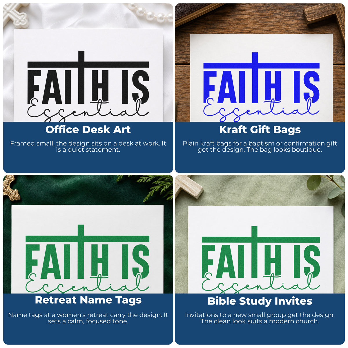 Four ways to use the Faith Is Essential Script Lettering Stamp – Slim Pre-Inked: office desk art, kraft gift bags, retreat name tags and bible study invites.