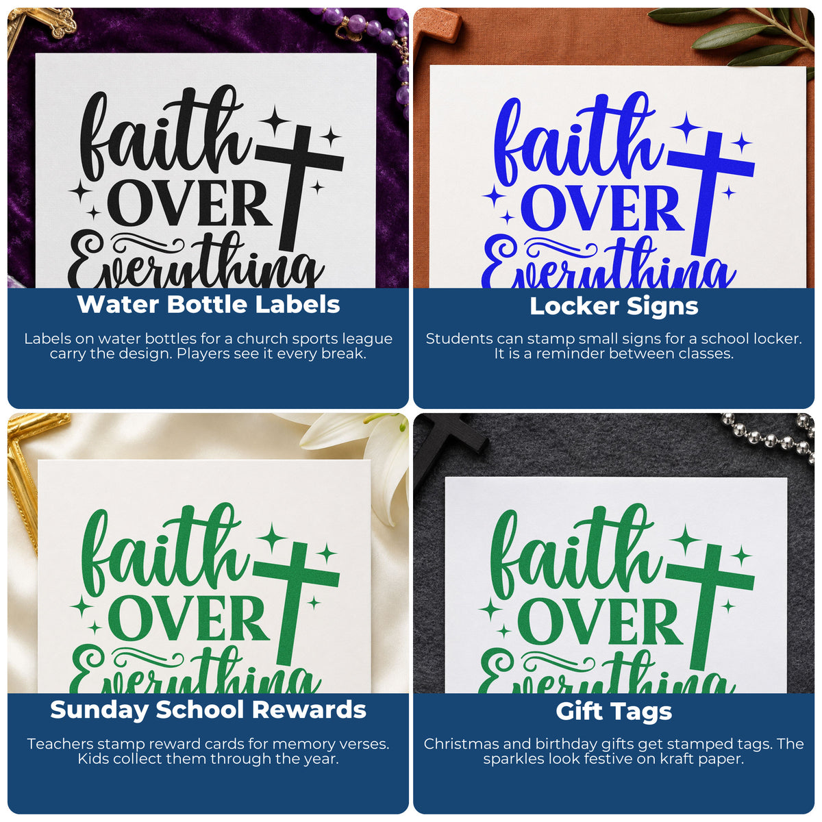 Four ways to use the Faith Over Everything Slim Pre-Inked Stamp: water bottle labels, locker signs, sunday school rewards and gift tags.