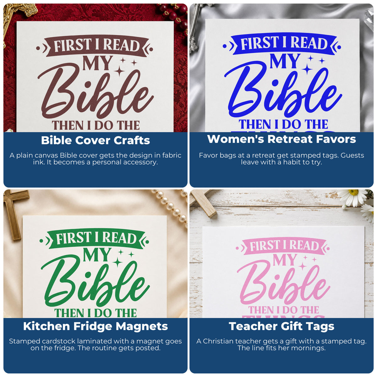Four ways to use the Pre-Inked First I Read My Bible Stamp – PSI: bible cover crafts, women's retreat favors, kitchen fridge magnets and teacher gift tags.
