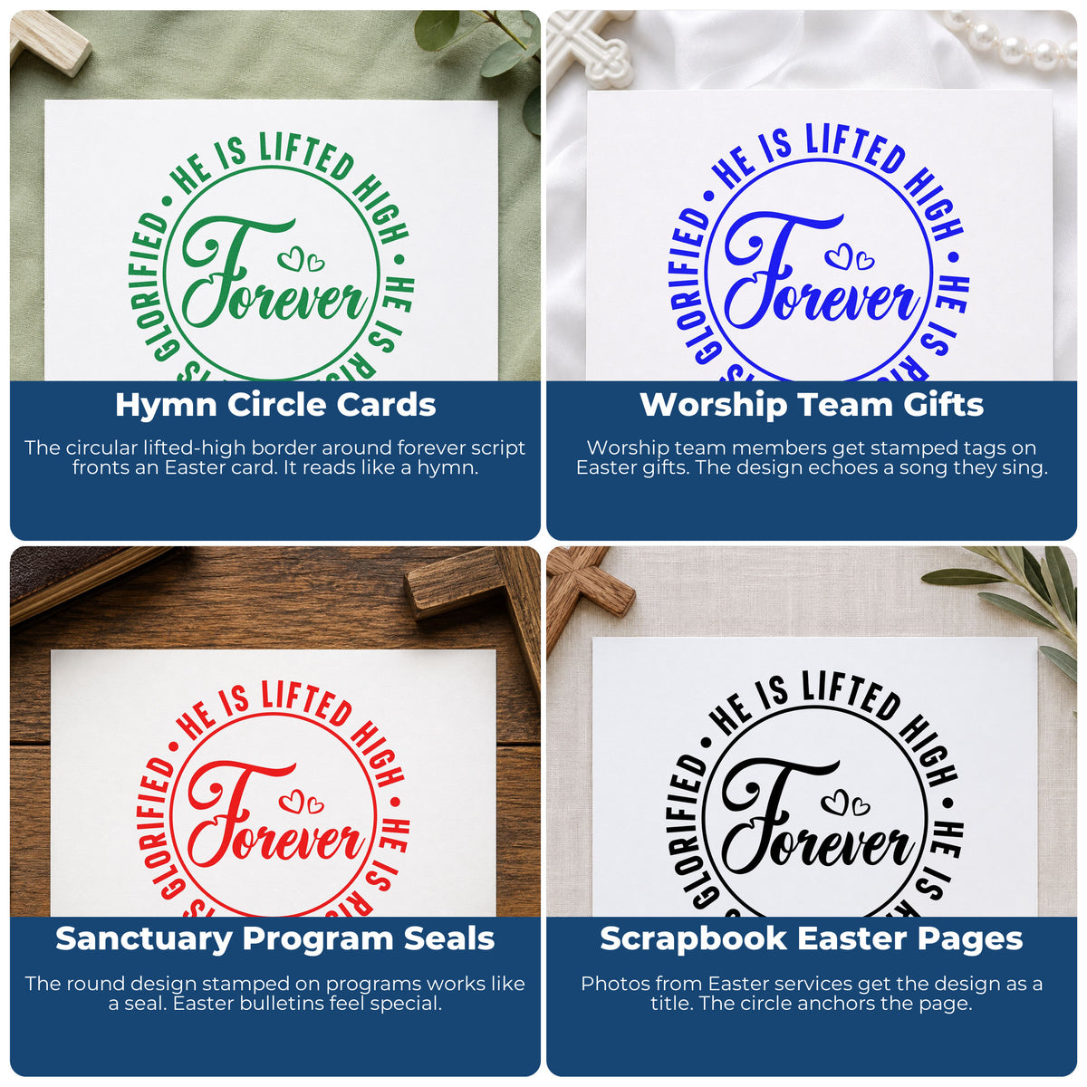 Four ways to use the Forever He Is Risen Stamp – Wood Handle: hymn circle cards, worship team gifts, sanctuary program seals and scrapbook easter pages.