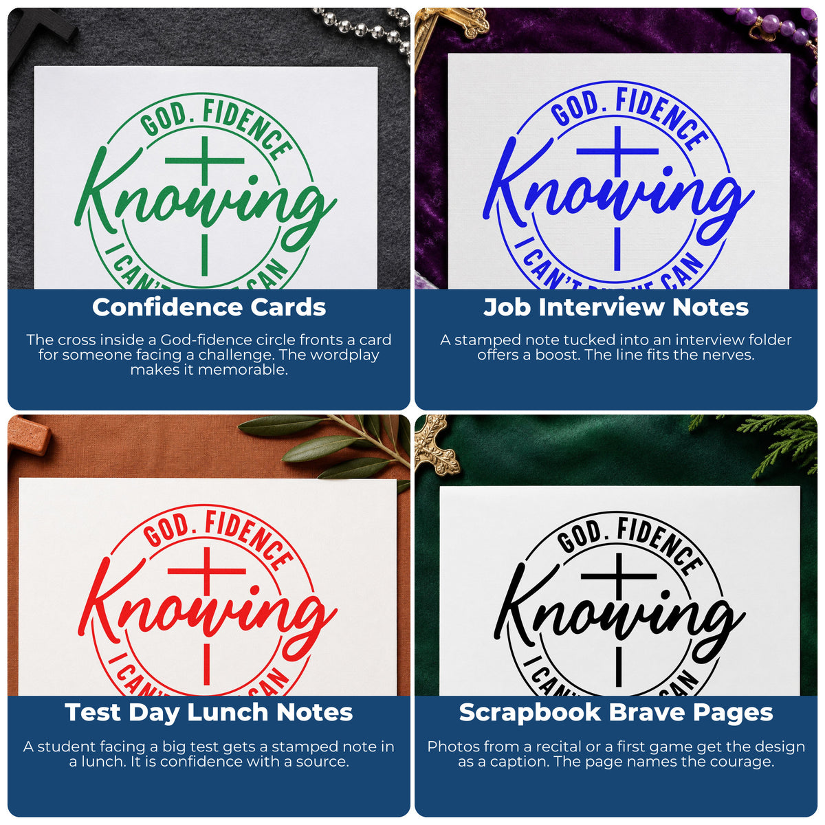 Four ways to use the Godfidence Knowing He Can With Cross Rubber Stamp – Wood Handle: confidence cards, job interview notes, test day lunch notes and scrapbook brave pages.