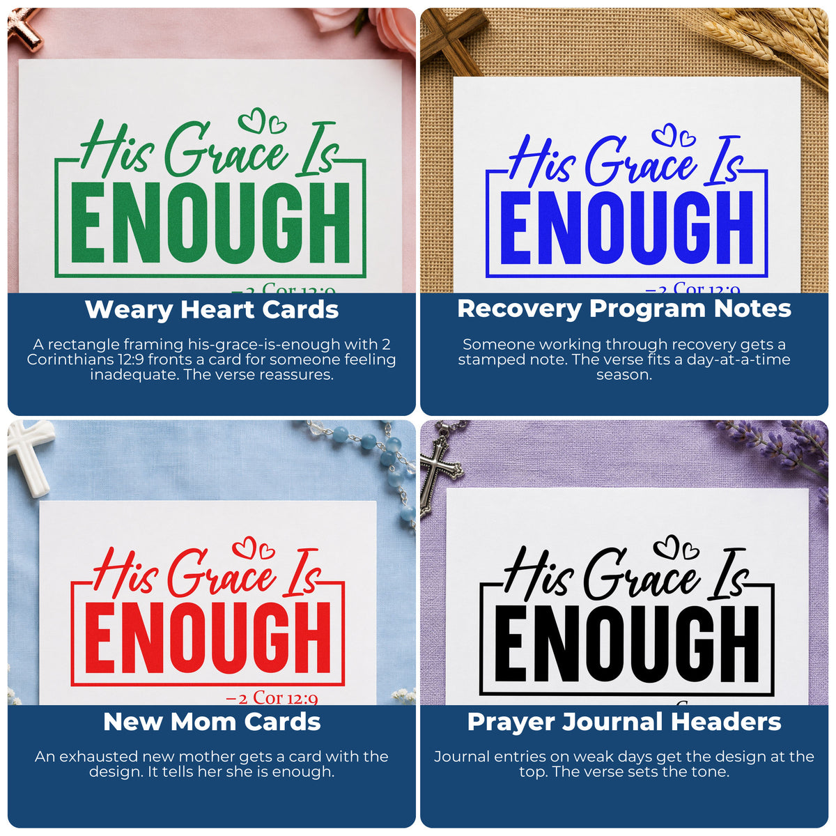 Four ways to use the His Grace Is Enough Pre-Inked Stamp – PSI: weary heart cards, recovery program notes, new mom cards and prayer journal headers.