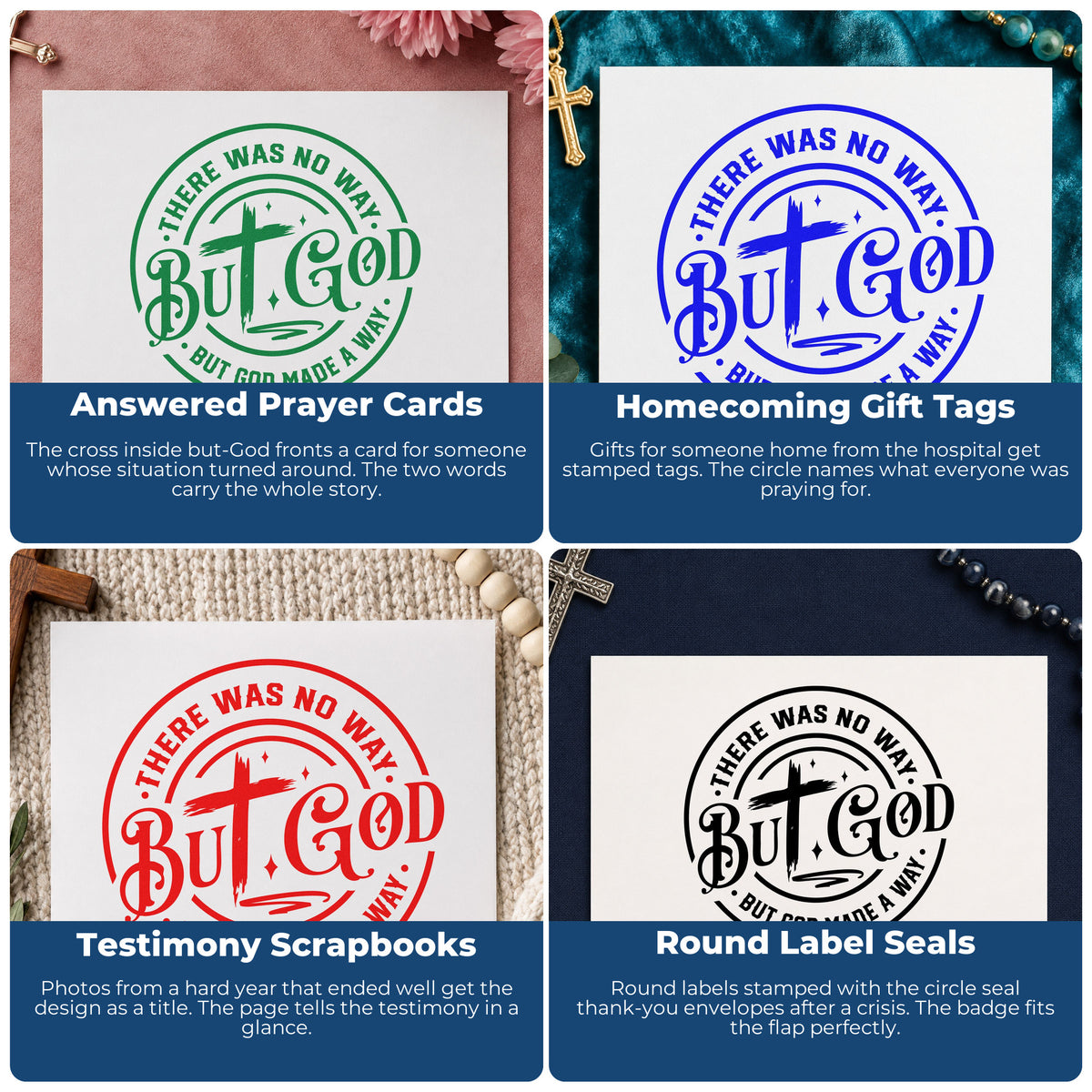 Four ways to use the There Was No Way, But God Made A Way With Cross Stamp – Self-Inking: answered prayer cards, homecoming gift tags, testimony scrapbooks and round label seals.