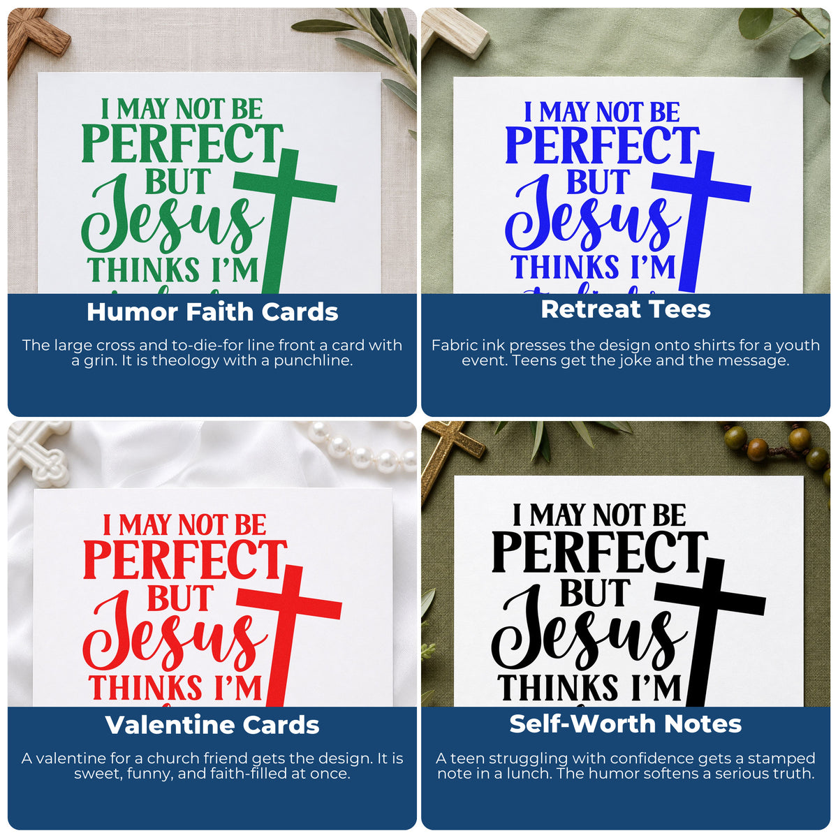 Four ways to use the Duo Hand I May Not Be Perfect, But Jesus Thinks I'm To Die For Rubber Stamp: humor faith cards, retreat tees, valentine cards and self-worth notes.