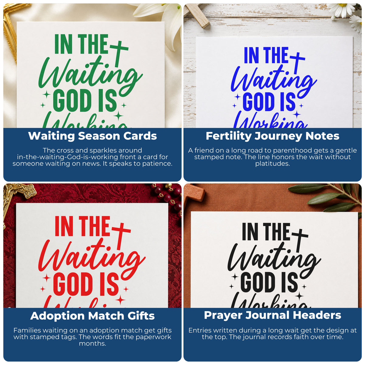 Four ways to use the Vintage Pro In The Waiting God Is Working Premium Wooden Stamp: waiting season cards, fertility journey notes, adoption match gifts and prayer journal headers.