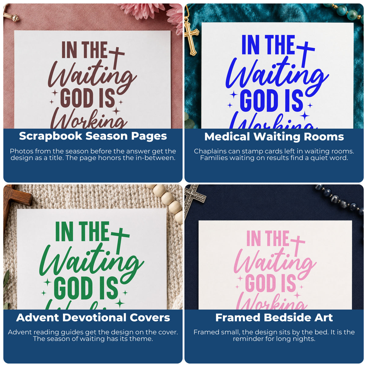 Four ways to use the Vintage Pro In The Waiting God Is Working Premium Wooden Stamp: scrapbook season pages, medical waiting rooms, advent devotional covers and framed bedside art.