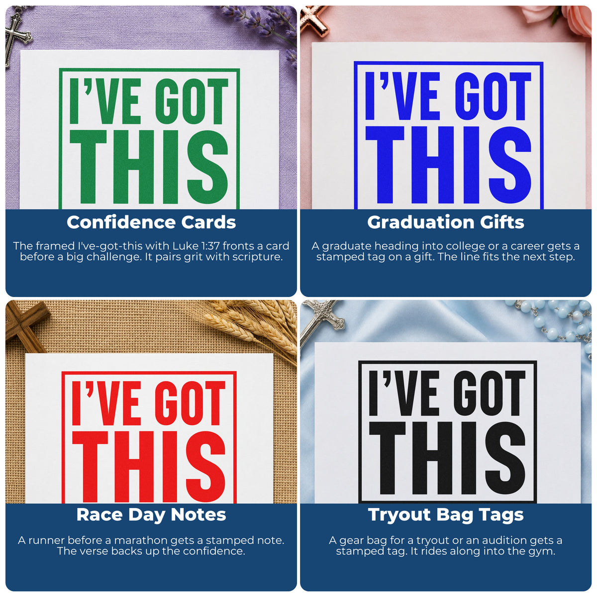 Four ways to use the I've Got This Self-Inking Stamp: confidence cards, graduation gifts, race day notes and tryout bag tags.