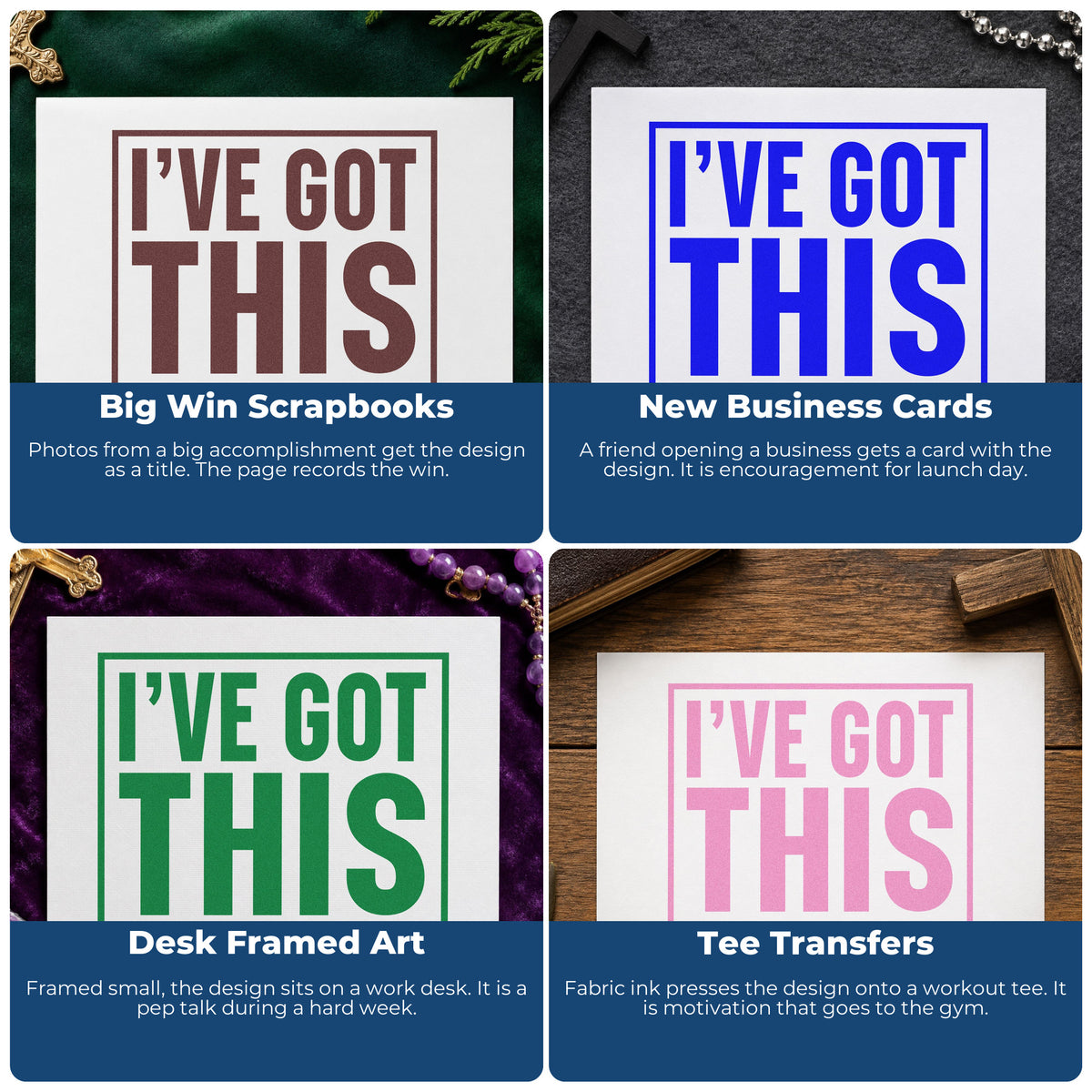 Four ways to use the I've Got This Compact Pre-Inked Stamp – Slim: big win scrapbooks, new business cards, desk framed art and tee transfers.