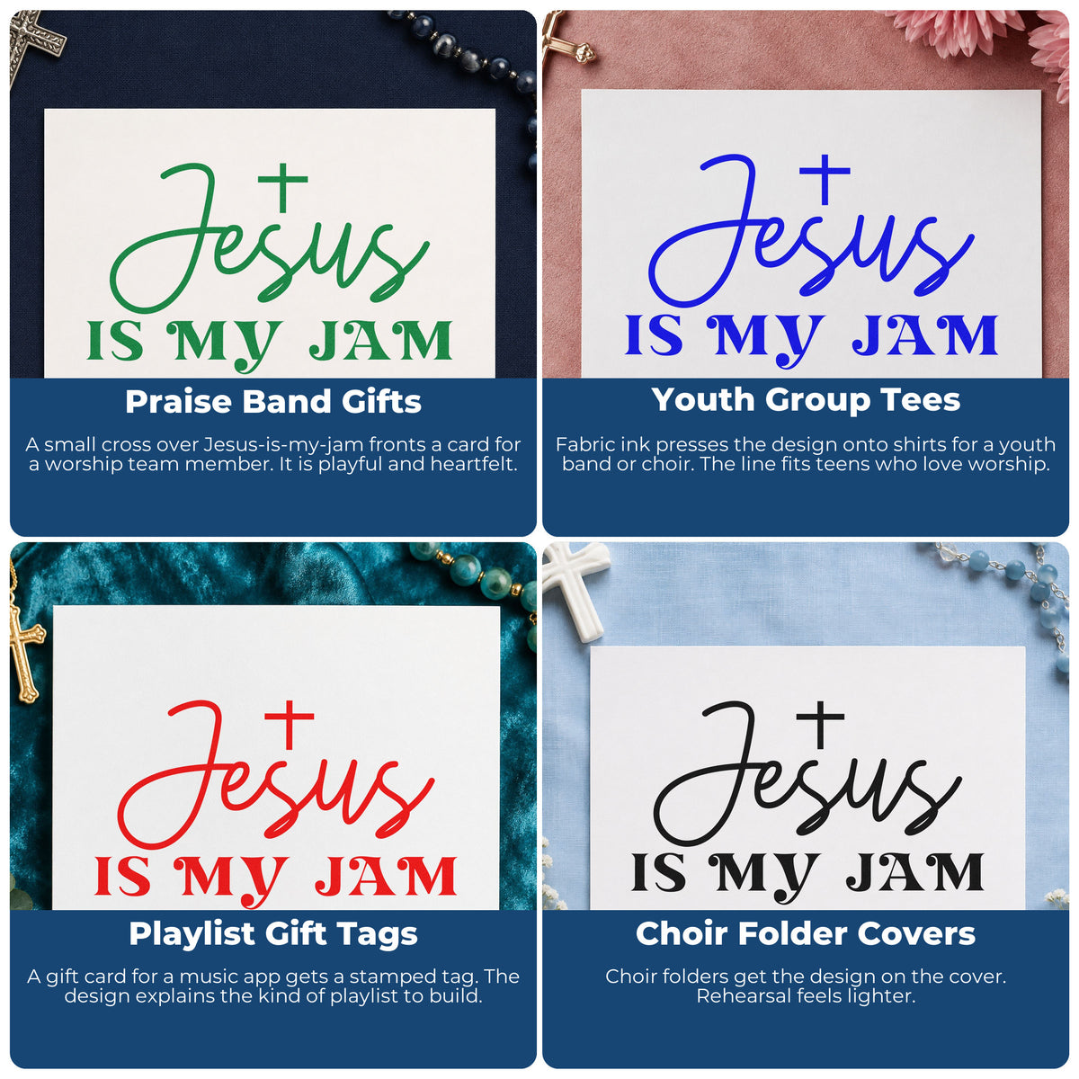 Four ways to use the Jesus Is My Jam With Cross Stamp – Self-Inking: praise band gifts, youth group tees, playlist gift tags and choir folder covers.