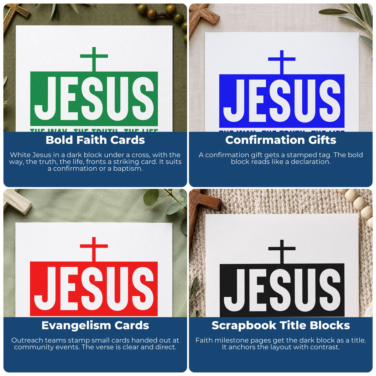 Four ways to use the Jesus The Way Truth Life Premium Wood-Mounted Stamp - Vintage Pro: bold faith cards, confirmation gifts, evangelism cards and scrapbook title blocks.