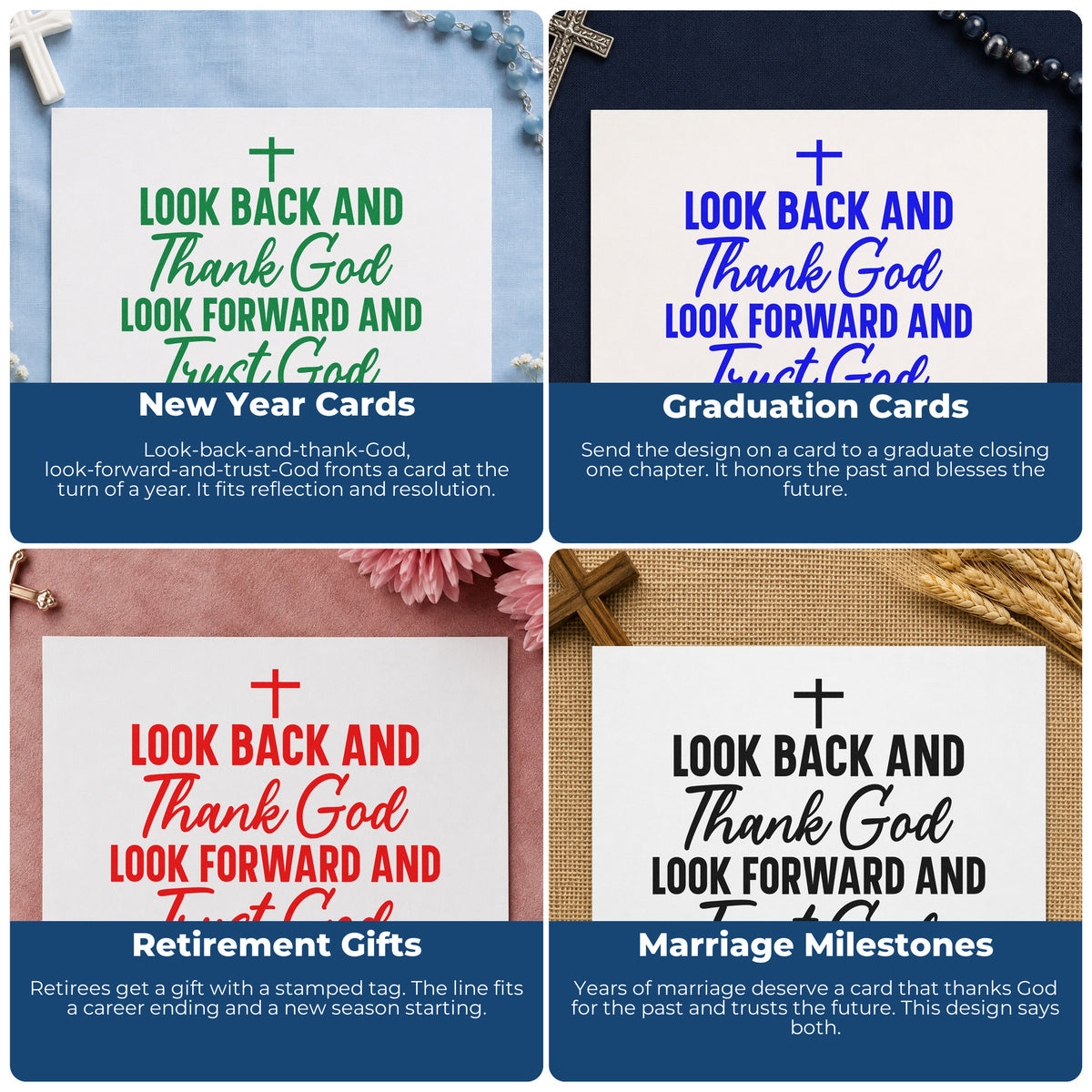 Four ways to use the Thank God And Trust God Premium Wooden Stamp - Vintage Pro: new year cards, graduation cards, retirement gifts and marriage milestones.