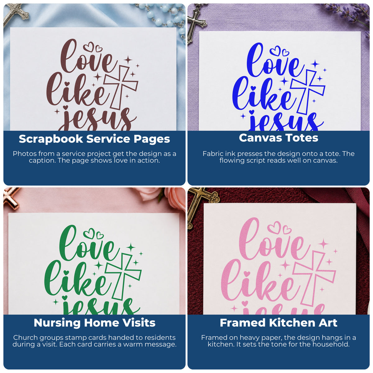 Four ways to use the Love Like Jesus Outlined Cross Rubber Stamp – Wood Handle: scrapbook service pages, canvas totes, nursing home visits and framed kitchen art.