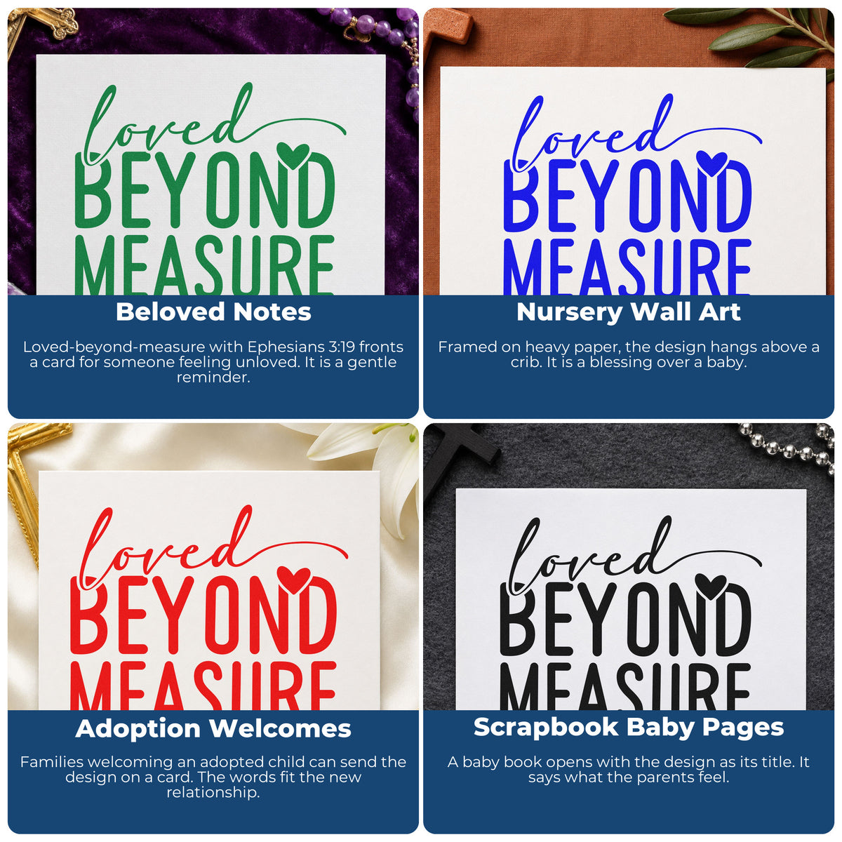 Four ways to use the Loved Beyond Measure Stamp – Wood Handle: beloved notes, nursery wall art, adoption welcomes and scrapbook baby pages.