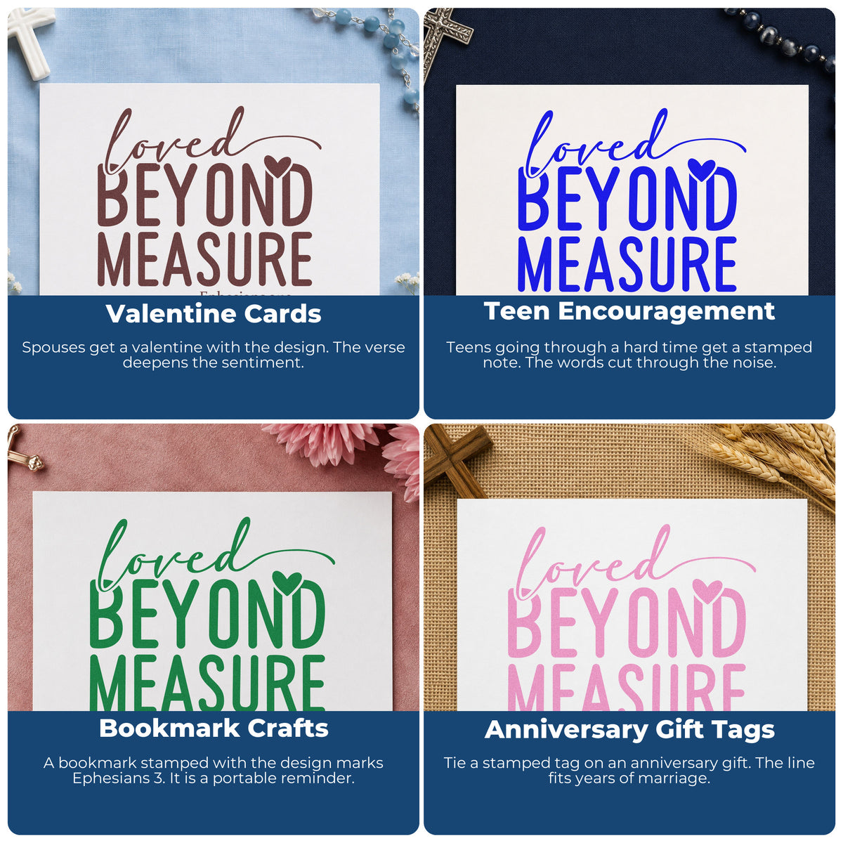 Four ways to use the Loved Beyond Measure Stamp – Wood Handle: valentine cards, teen encouragement, bookmark crafts and anniversary gift tags.