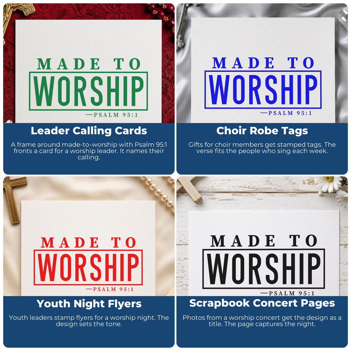 Four ways to use the Made To Worship Frame Accent Rubber Stamp – Wood Handle: leader calling cards, choir robe tags, youth night flyers and scrapbook concert pages.