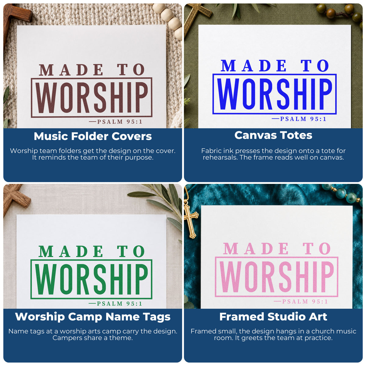 Four ways to use the Made To Worship Frame Accent Rubber Stamp – Wood Handle: music folder covers, canvas totes, worship camp name tags and framed studio art.