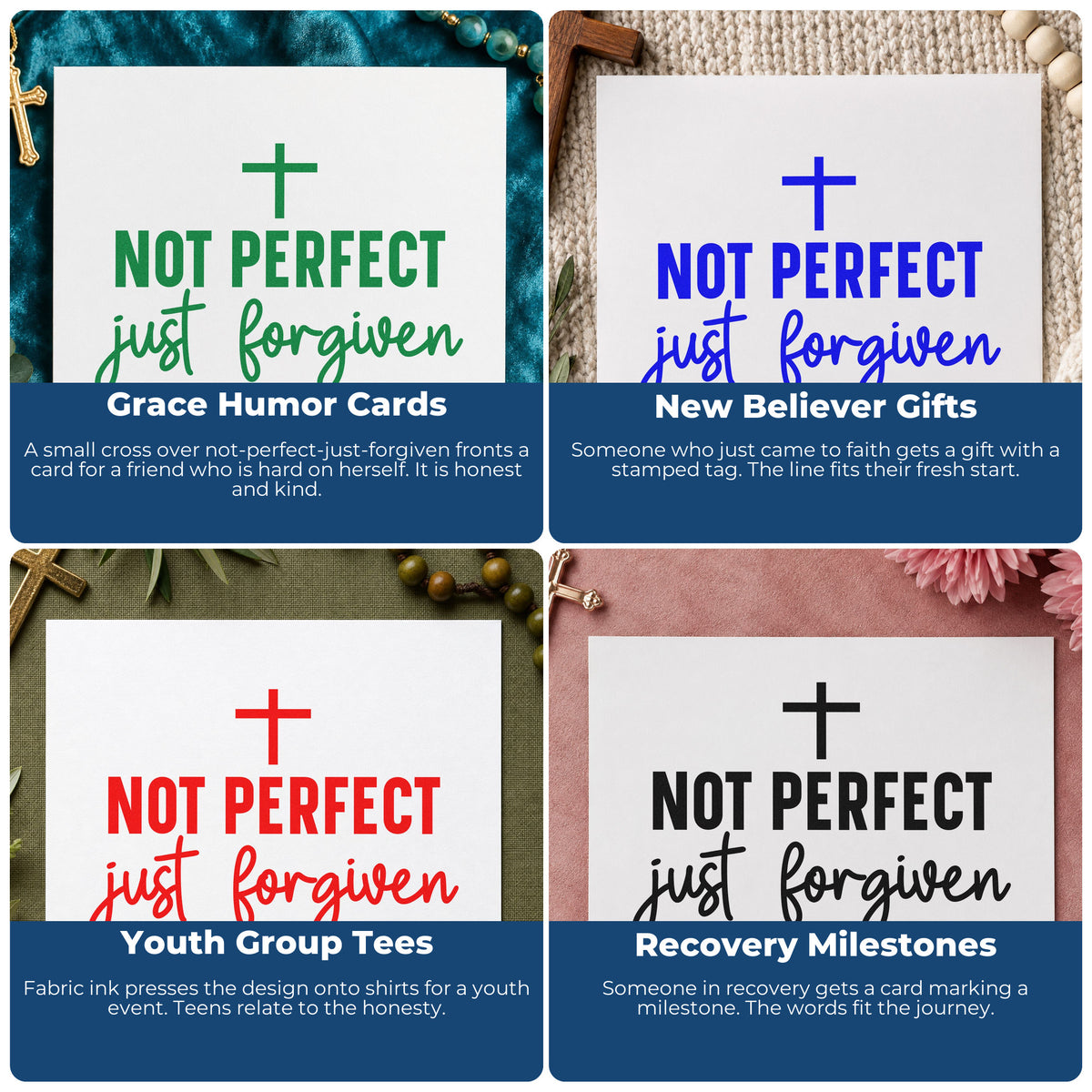 Four ways to use the Not Perfect Just Forgiven Stamp – Duo Hand: grace humor cards, new believer gifts, youth group tees and recovery milestones.