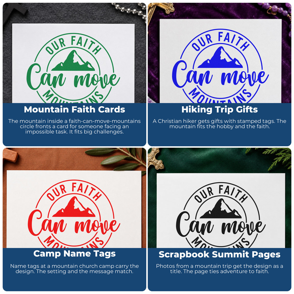Four ways to use the Our Faith Can Move Mountains Premium Wooden Stamp - Vintage Pro: mountain faith cards, hiking trip gifts, camp name tags and scrapbook summit pages.