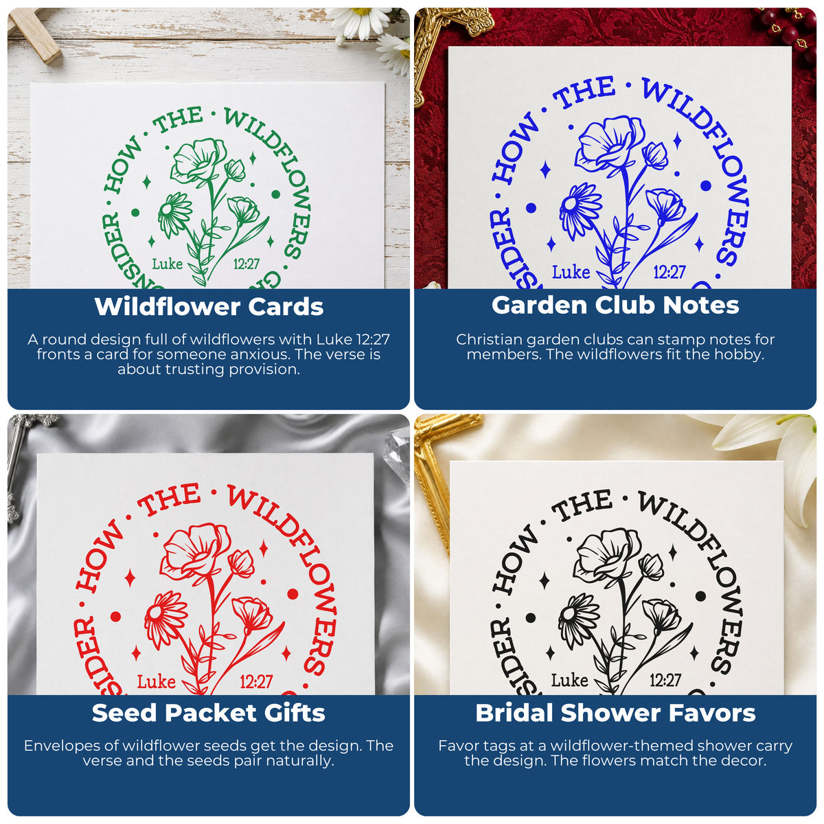 Four ways to use the Consider The Wildflowers Circle Hand Stamp – Duo: wildflower cards, garden club notes, seed packet gifts and bridal shower favors.