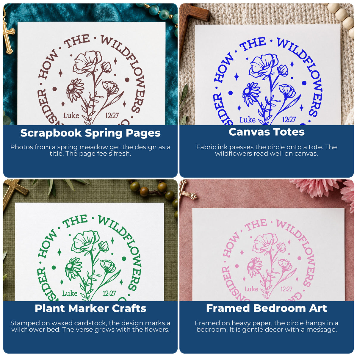 Four ways to use the Consider The Wildflowers Circle Hand Stamp – Duo: scrapbook spring pages, canvas totes, plant marker crafts and framed bedroom art.