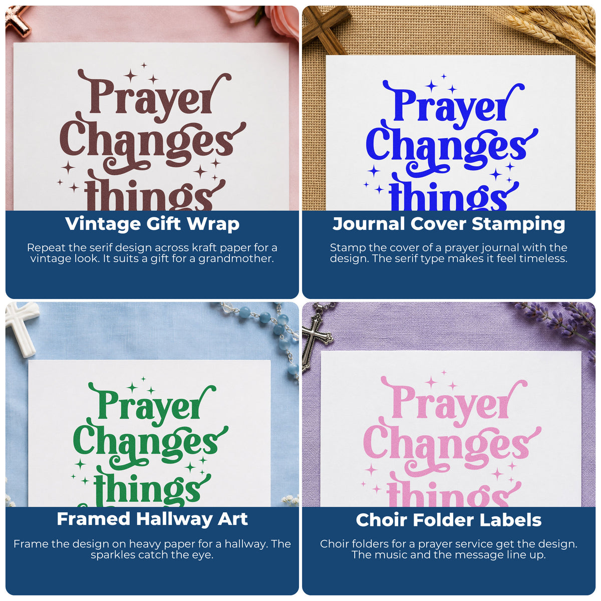 Four ways to use the Prayer Changes Things Rubber Stamp – Duo Hand: vintage gift wrap, journal cover stamping, framed hallway art and choir folder labels.