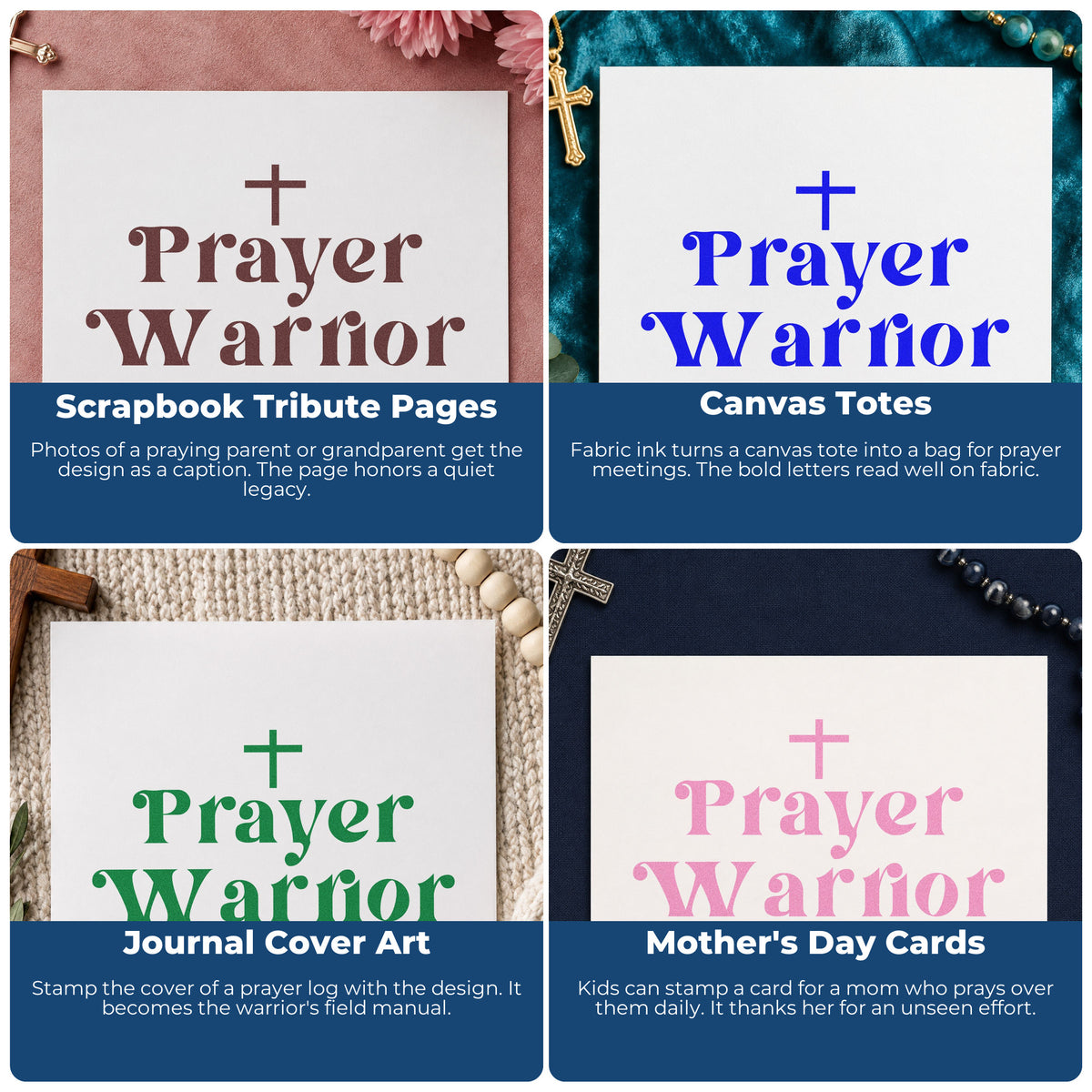 Four ways to use the Prayer Warrior With Cross Self-Inking Stamp: scrapbook tribute pages, canvas totes, journal cover art and mother's day cards.