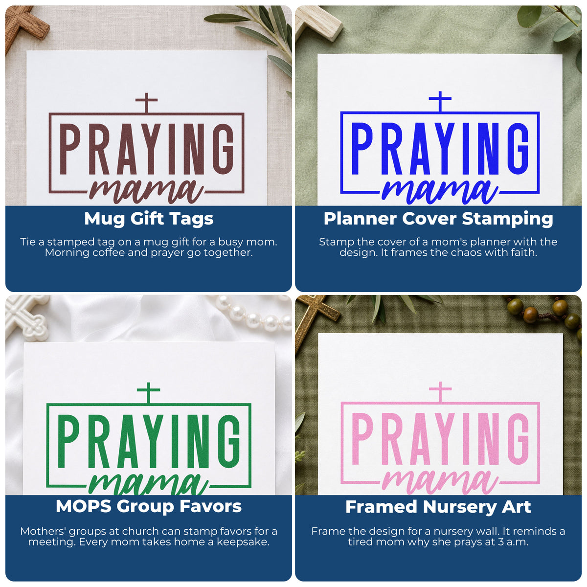 Four ways to use the Praying Mama Pre-Inked Stamp – PSI: mug gift tags, planner cover stamping, mops group favors and framed nursery art.